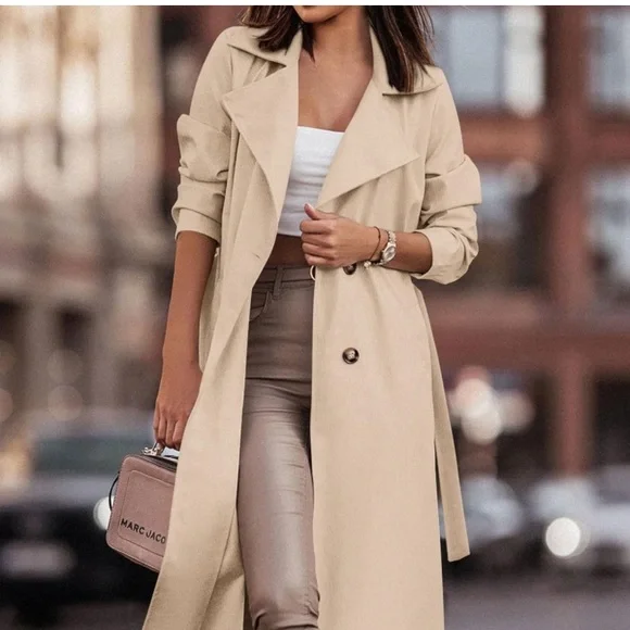 Women Lapel Long Sleeve Overcoat Outwear Casual lightweight Trench Coat jacket - Picture 3 of 8